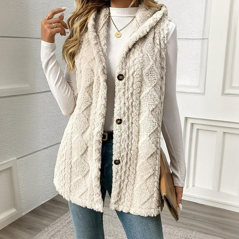Women's Textured Sleeveless Hooded Vest, Button-Front Layering Piece For Fall & Winter Outfits
