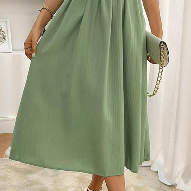 Women's Solid Color Sleeveless V-Neck Dress - High Waist Ruffled Hem Boho Flowy Summer Dress With Shoulder Frills, Casual & Party Dress