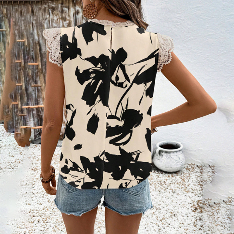 Women's Summer Geometric Leaf Print Tops Lace Cap Sleeve Crew Neck Shirts Blouse