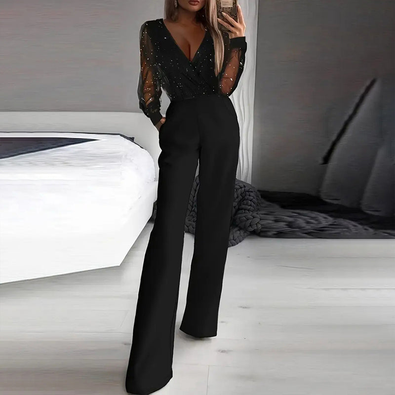 Women's Sexy Solid Color Deep V-Neck Tulle & Sequin Straight Leg Jumpsuit With Pockets For Spring&Summer Wear