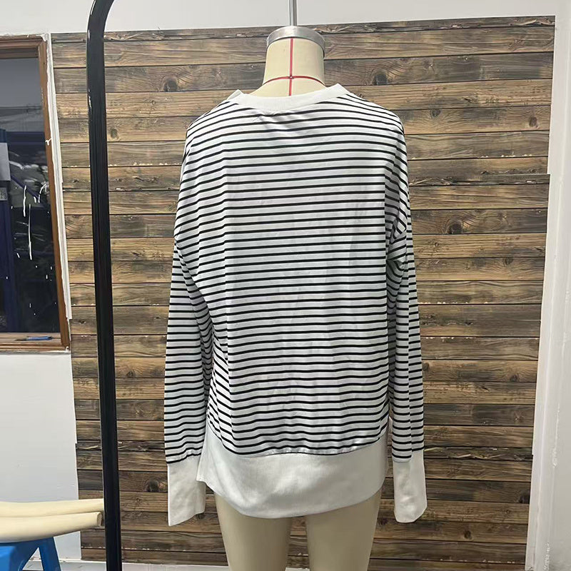 Women's Striped Sweatshirt Size Slit Long Sleeve Shirts For Women Crewneck Hoodies Casual Pullover Top