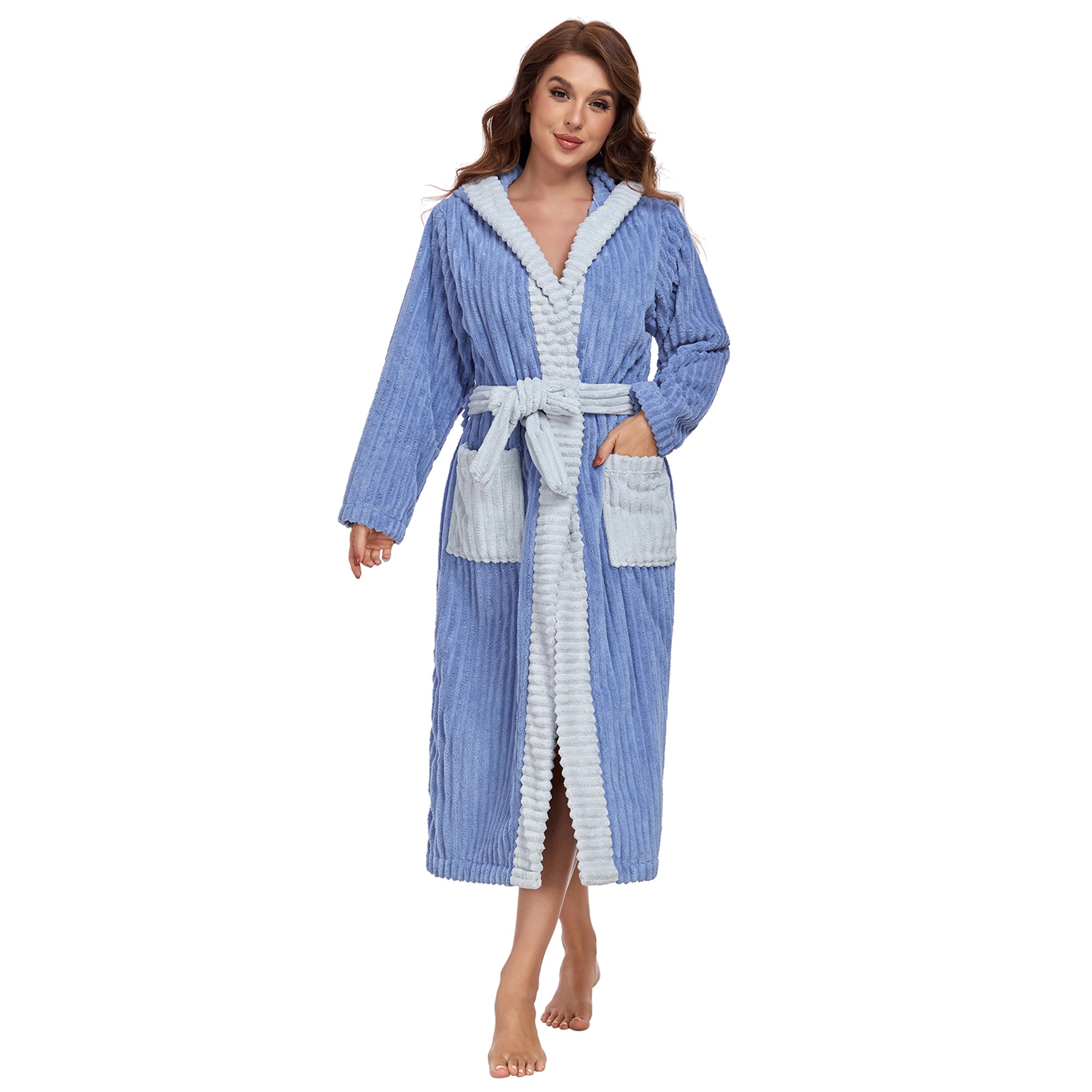 RONGTAI Luxury Plush Absorbency Robe For Women Extra Long Fleece Bathrobe With Hood & Pockets Warm Terry Cloth Loungewear