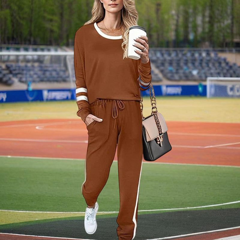 Women's Casual Striped Tracksuit Set, Long Sleeve Crewneck Sweatshirt And Drawstring Jogger Pants, 2-Piece Outfit For Spring And Fall
