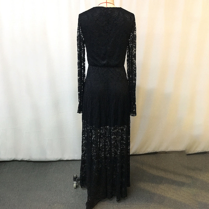 Women's Deep V-Neck Lace Maxi Dress Flare Sleeve Bodycon Gown With Ruffle Detail For Spring And Summer