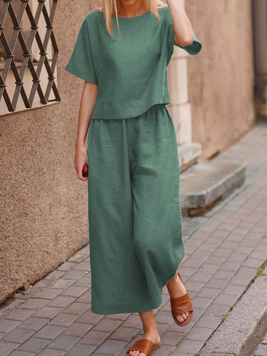 European And American Women's Linen Casual Loose Solid Color Suit Two-piece Women