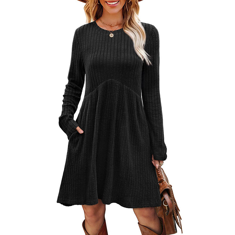 Women's Solid Color Long Sleeve Knit Dress Round Neck Pocket Shift Dress For Spring & Fall