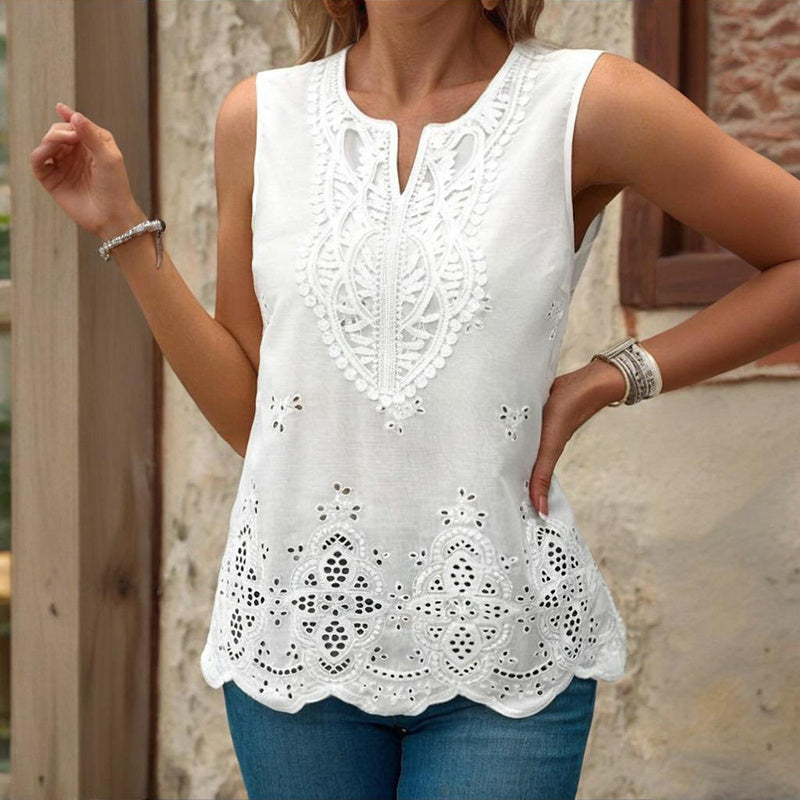 Women's Embroidered Eyelet Tops Notched Neck Sleeveless Lace Trim Blouses Shirts