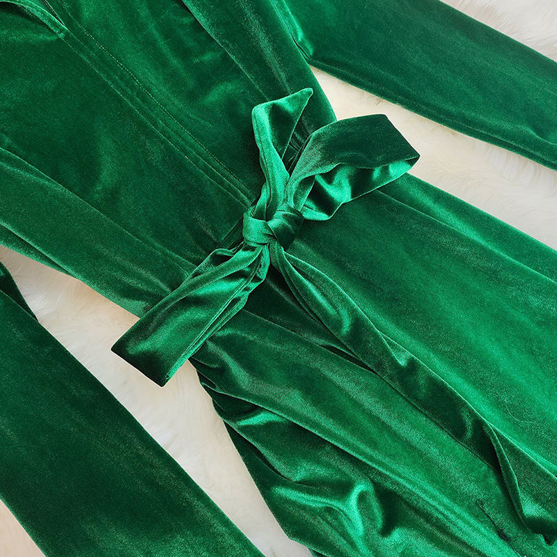 Women's Velvet Maxi Dress, Fall Long Sleeve Lapel V-Neck Casual Dress With Belt