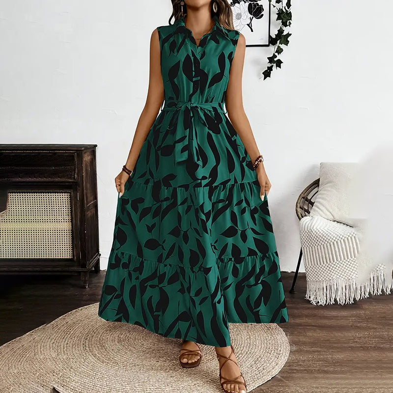 Women Sleeveless Boho Floral Maxi Dress Summer Button Shirt V Neck Flowy Belted Beach Vacation Dresses