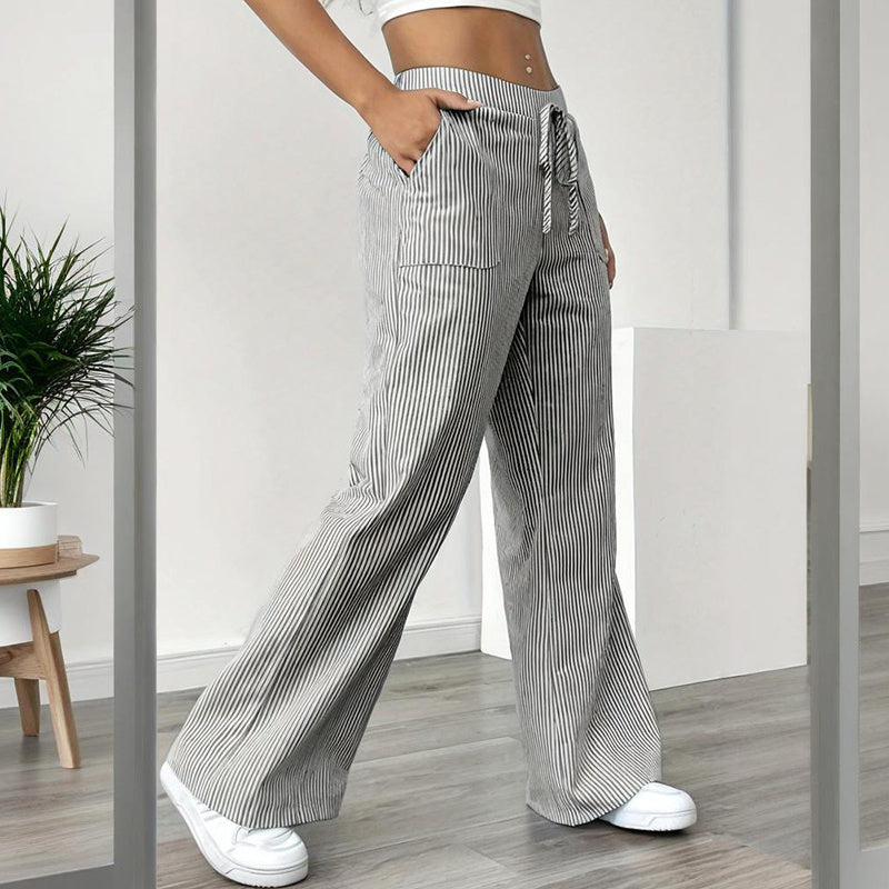 Women's Striped Print Straight Wide Leg Pants Drawstring Waist Slant Pockets Pants Casual Long Pants