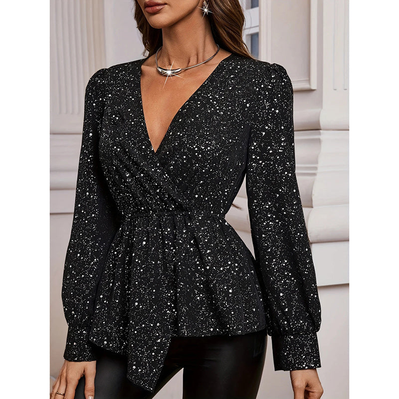 Womens Sparkly Tops Shiny Long Sleeve Ruched Asymmetrical Hem Sparkle Blouses Cocktail Party Evening Shirts