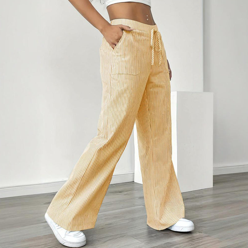 Women's Striped Print Straight Wide Leg Pants Drawstring Waist Slant Pockets Pants Casual Long Pants