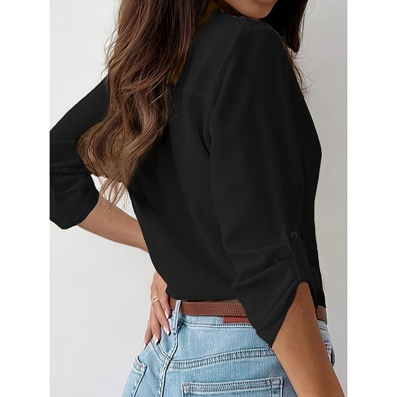 Womens Button Down Shirts V Neck Rolled Up Long Sleeve Tops Elegant Dressy Blouses Business Casual Outfits
