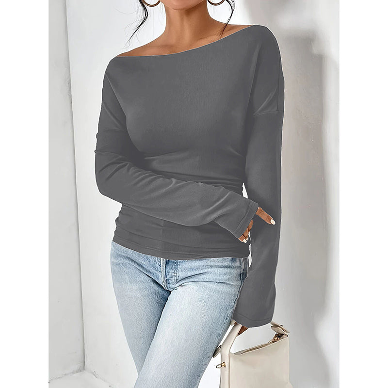 Women's Off The Shoulder Tops Long Sleeve T Shirts Going Out Tops Casual Trendy Ruched Slim Fitted Tees
