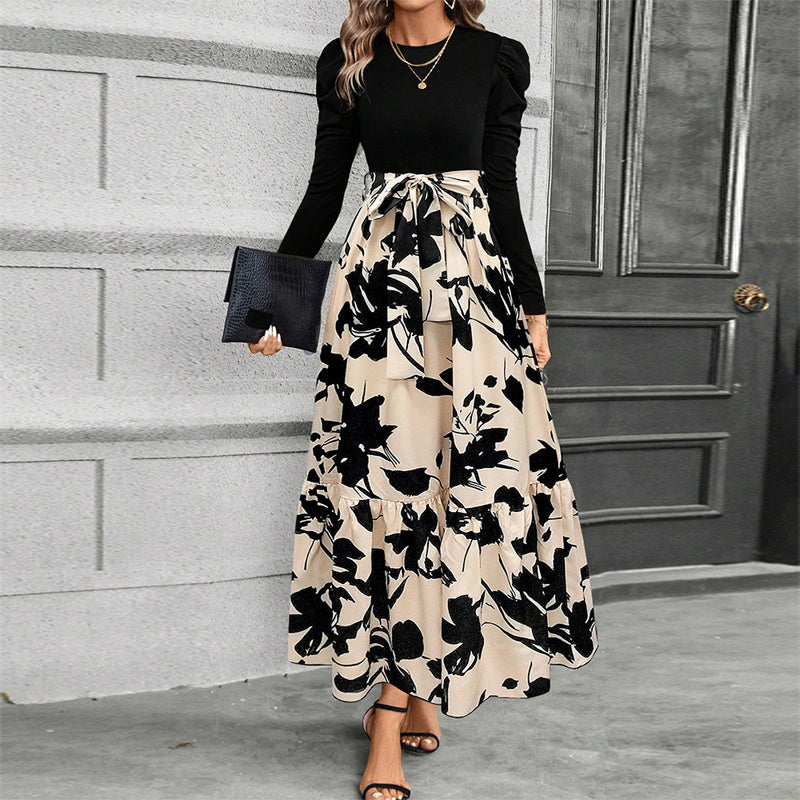 Women's Round Neck Long Sleeve Dress, Patchwork Print & Pleated Maxi Dress With Waist Bow For Spring & Fall