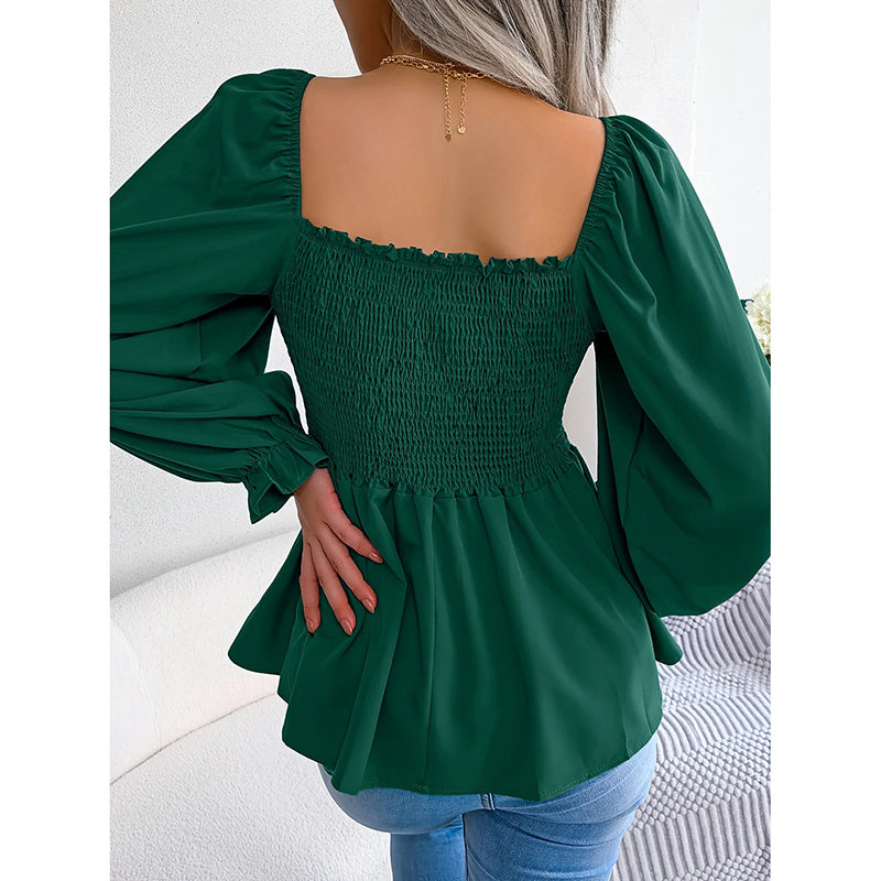 Women's Peplum Tops Square Neck Ruffle Trim Long Sleeve Blouse Smocked Top Dressy Casual Shirts