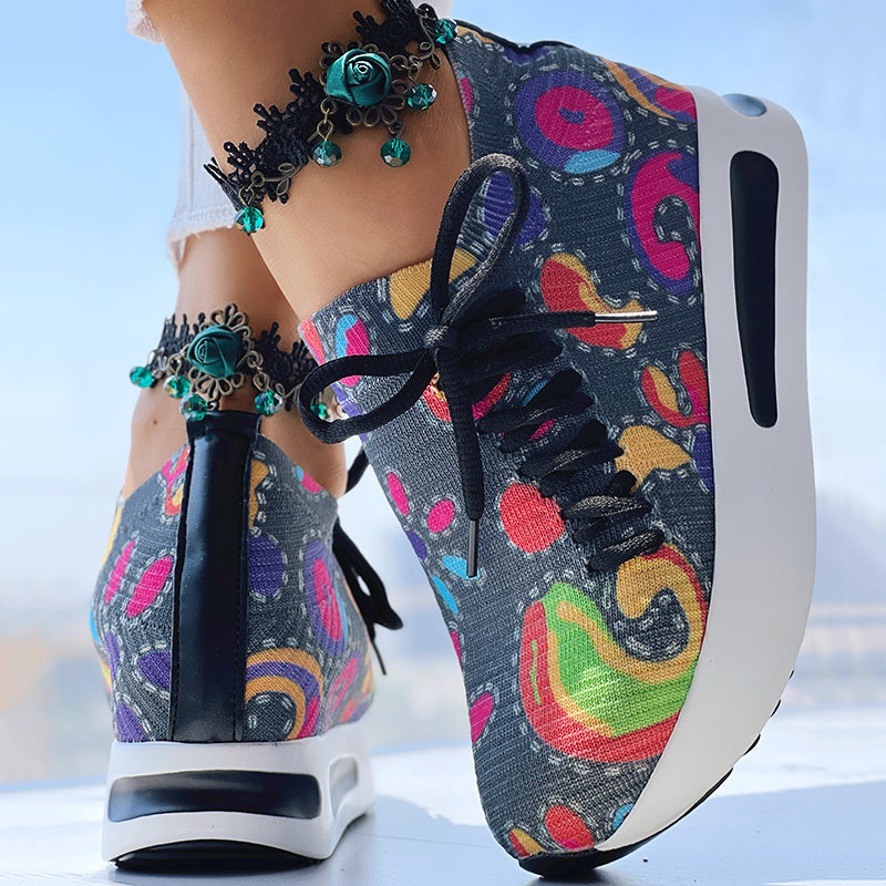 Women's Random Print Side Lace-Up Elastic Sport Shoes, Comfortable Slip-On Sneakers For Women, Casual Daily Wear Footwear