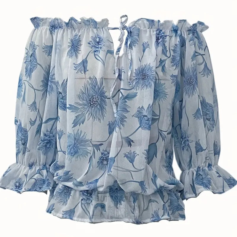Womens Summer Off Shoulder Blouse Floral Print Ruffle Sleeve Casual Chiffon Tops Shirts