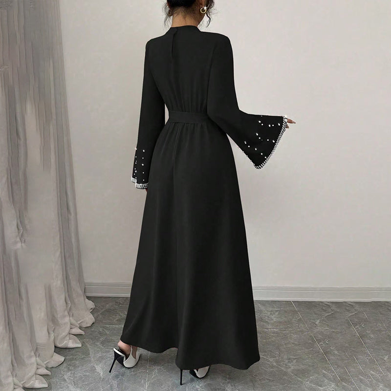 Women's Elegant Long Sleeve Maxi Dress - Sparkling Embellished High Neck Formal Gown With Waist Belt, Flowy Evening Dress For Vacation & Special Occasions