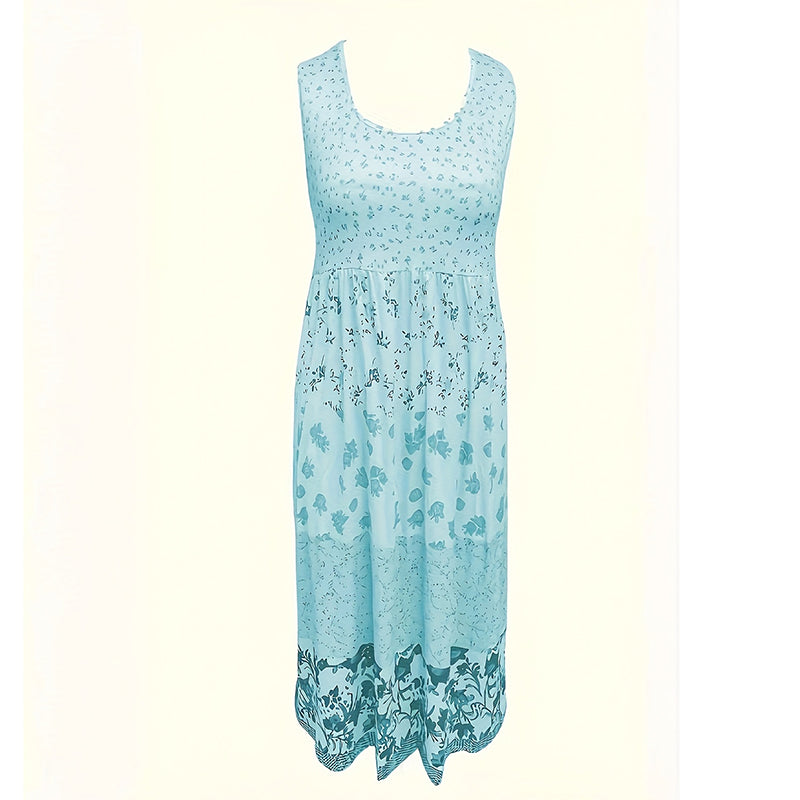 Women's Bohemian Floral Sleeveless Midi Dress Round Neck A-Line Summer Dress For Casual Or Dressy Occasions