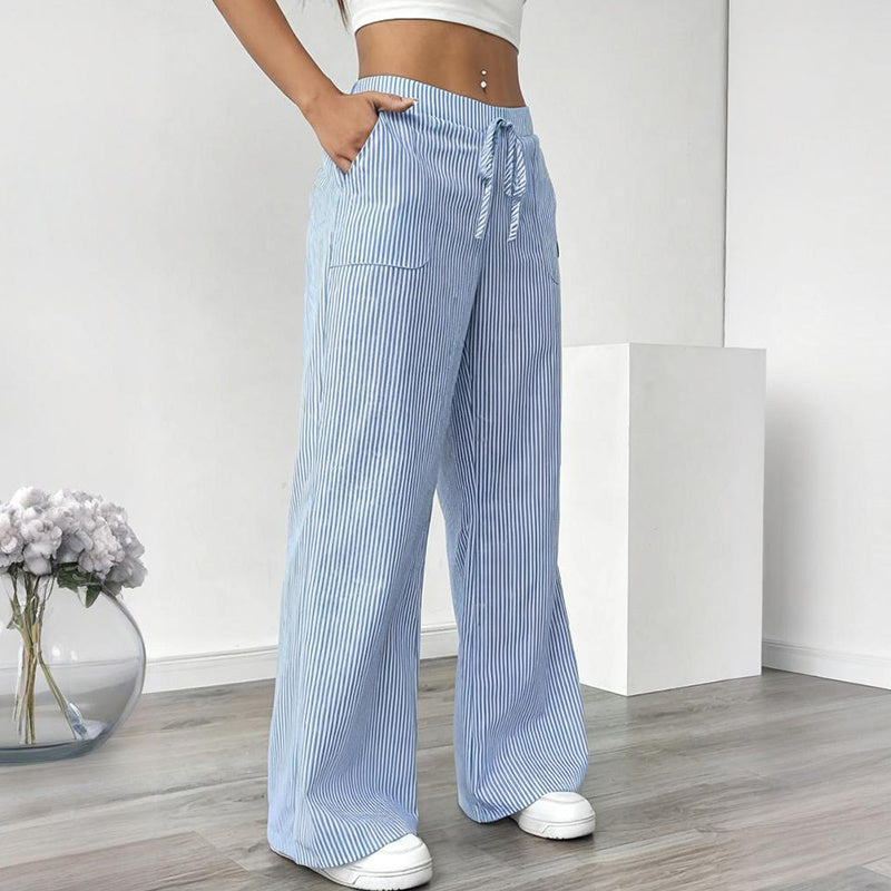 Women's Striped Print Straight Wide Leg Pants Drawstring Waist Slant Pockets Pants Casual Long Pants