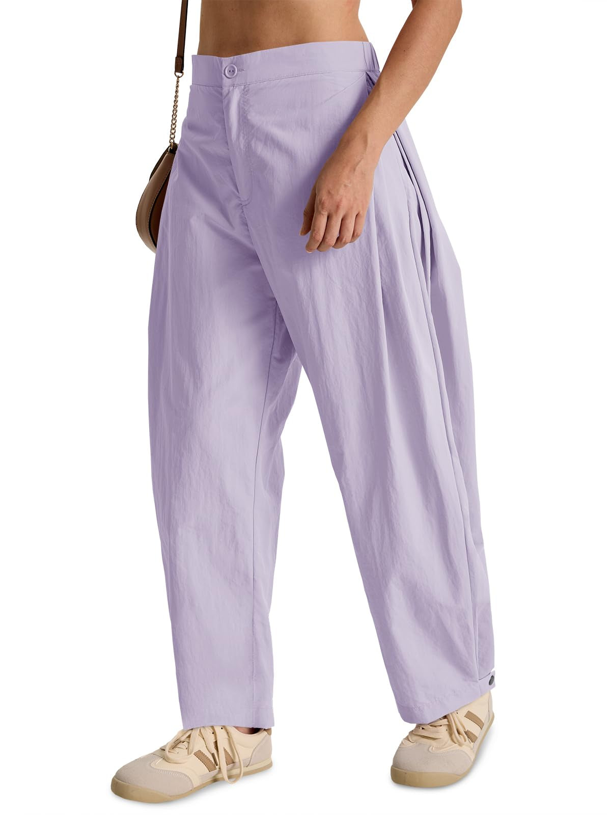 Fisoew Barrel Pants Women Casual Wide Leg Baggy Pants Side Pleated Horseshoe Style Trousers With Pockets