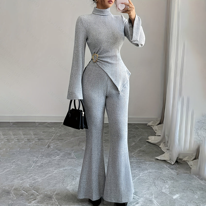 Womens 2 Piece Outfits Turtleneck Matching Lounge Set Flare Sleeve Asymmetrical Top & Wide Leg Pants