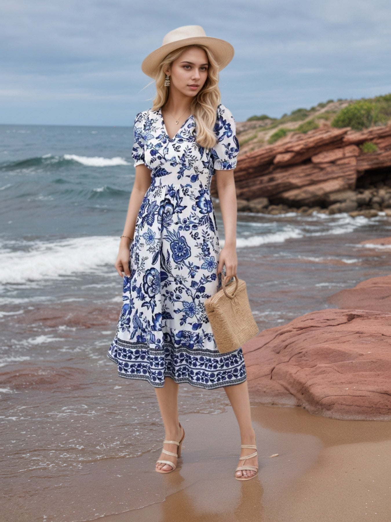 New Women’s Floral Print V-neck Dress, Floral Dress, Suitable For Vacation, Women’s Dress