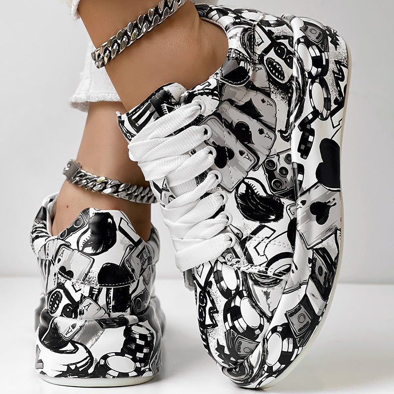 Women's Casual Round Toe Thick Sole Lace-Up Sneakers, Random Print Design, Comfortable Sporty Shoes For Daily Wear