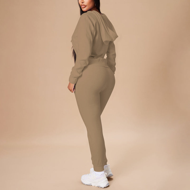 Women's Solid Color 2-Piece Set Zip Pocket Drawstring Hooded Crop Top & Slim Fit Pocket Pants - Ribbed Detail Casual Outfit