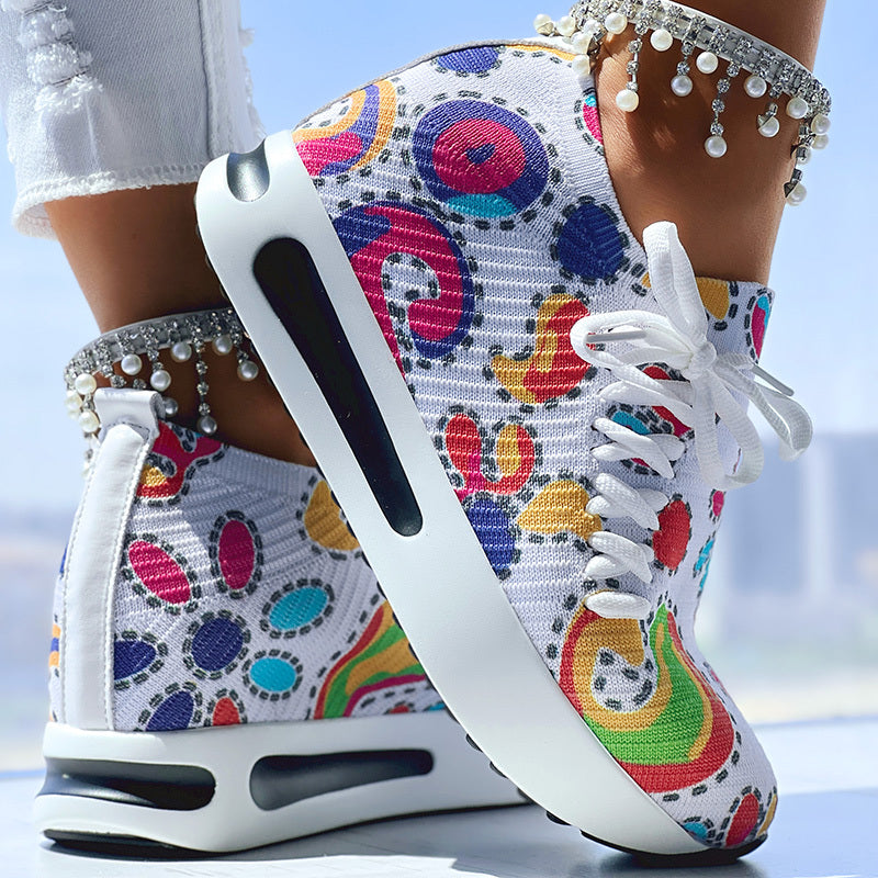 Women's Random Print Side Lace-Up Elastic Sport Shoes, Comfortable Slip-On Sneakers For Women, Casual Daily Wear Footwear