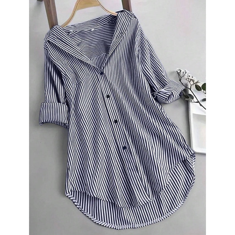 Women Oversized Button Down Striped Shirts Casual Long Sleeve Boyfriend Blouse Top