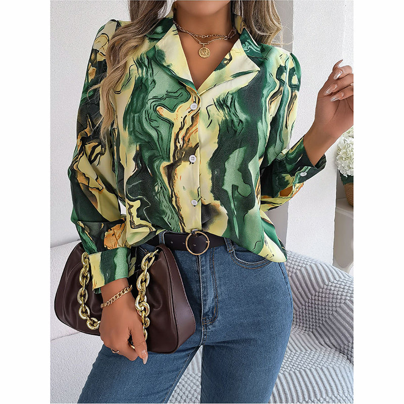 Women Fashion Button Down Shirts V Neck Printed Long Sleeve Blouses Dressy Casual Fall Tops