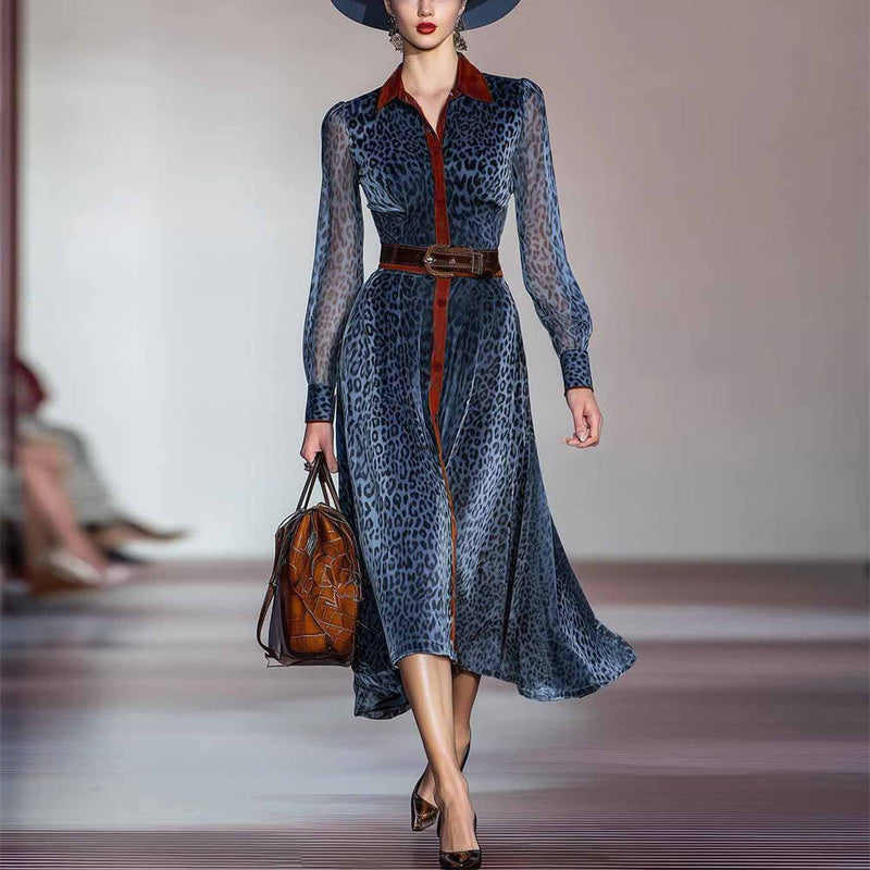 Women's Fashion Leopard Print Lapel Dress Long Sleeve Button-Down Maxi Dress For Spring Fall