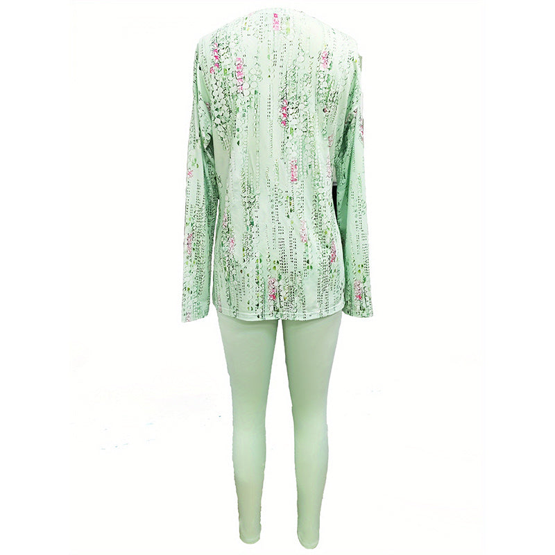 Women's Round Neck Printed Slit Long Sleeve Top & Long Pants Set - Casual Loungewear Outfit