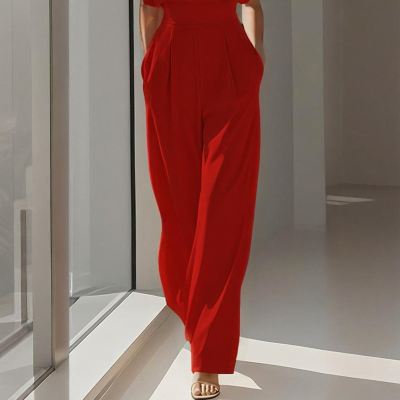 Women's Solid Color Round Neck Short Sleeve Wide-Leg Jumpsuit With Waist Design & Pockets Casual Romper For Spring&Summer