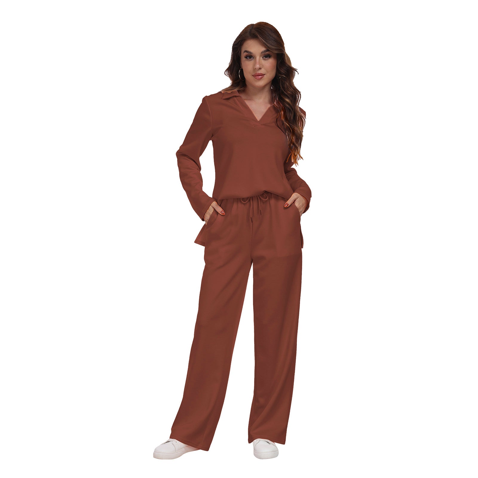 RONGTAI 2 Piece Outfits Sweatsuit For Women Casual Long Sleeve V Neck Pullover Tracksuit Solid Soft Comfy Tracksuits Set