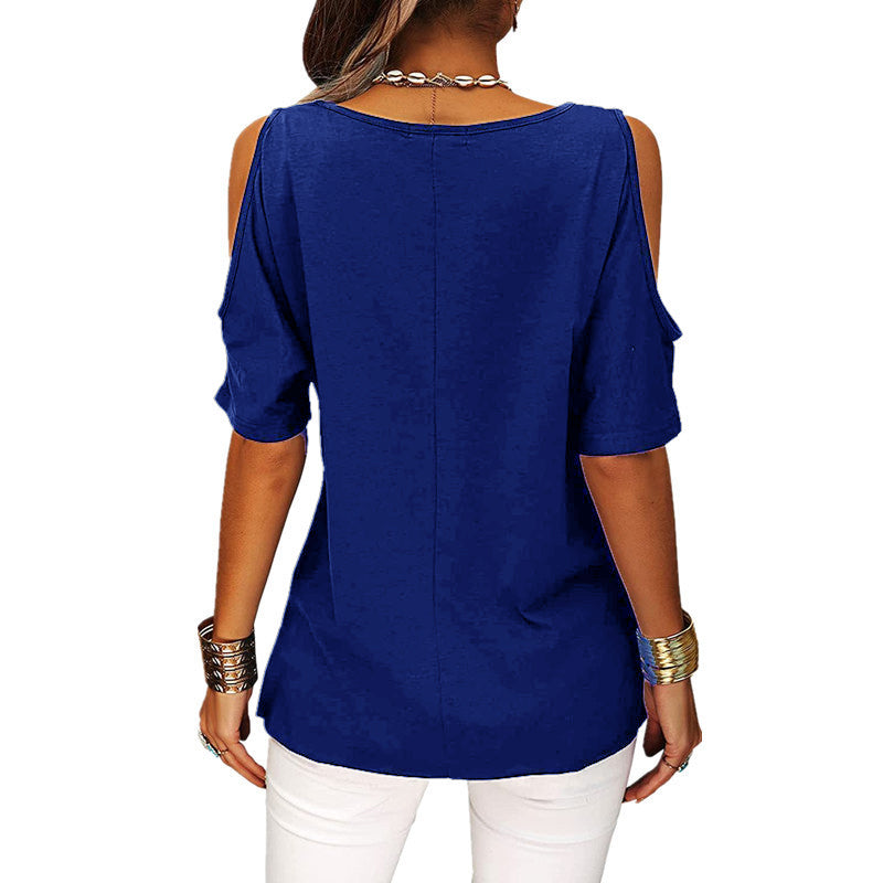 Womens Summer Trendy Shirts V Neck Cold Shoulder Tops Solid Color Casual Loose Sexy Blouse