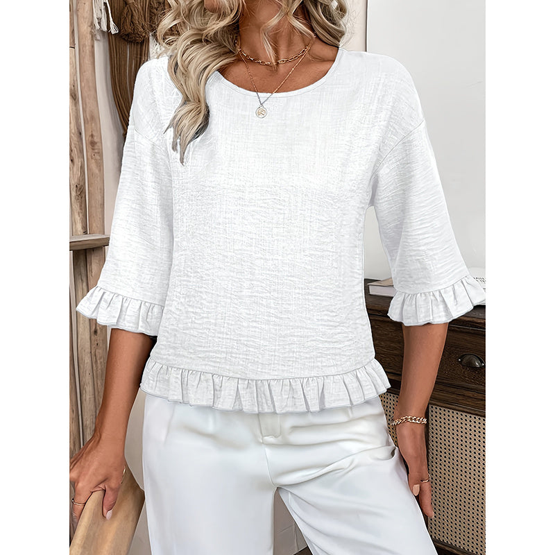 Womens 3 4 Length Sleeve Tops Loose Fit Casual Crew Neck Shirts Ruffle Tunic Blouses