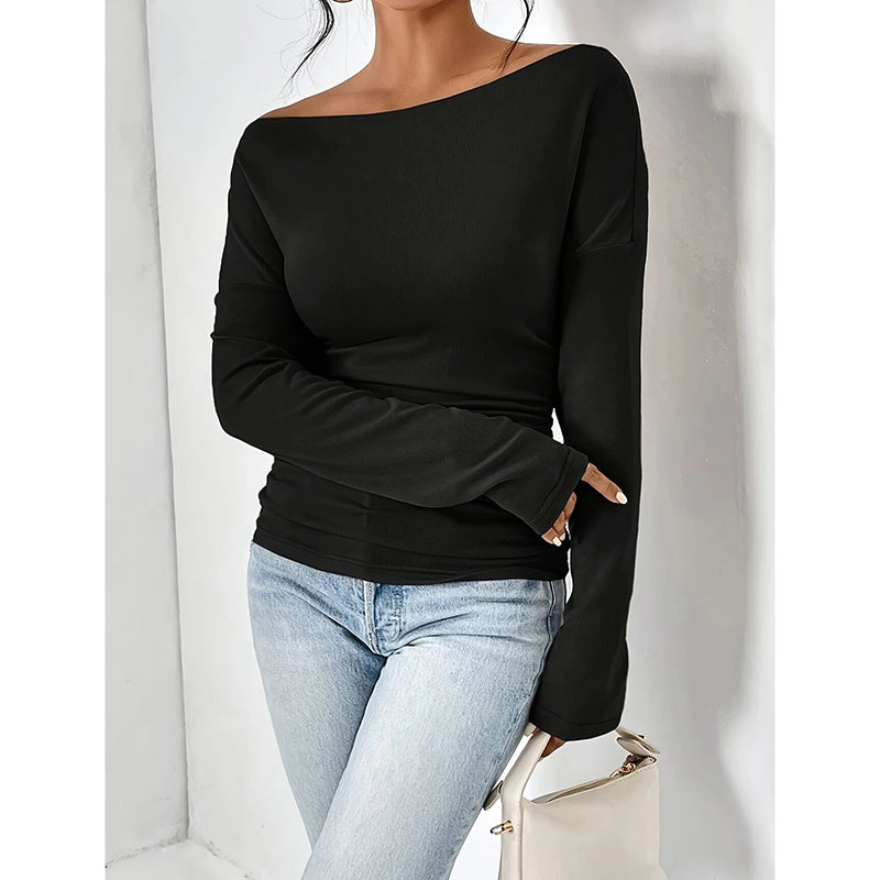 Women's Off The Shoulder Tops Long Sleeve T Shirts Going Out Tops Casual Trendy Ruched Slim Fitted Tees