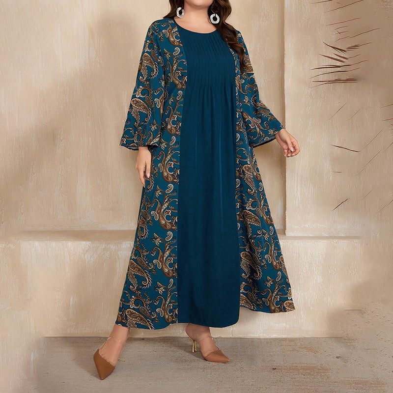 Women's Plus Size Bohemian Floral Printed Maxi Dress, Pleated Front Long Sleeve Crew Neck Loose Fit