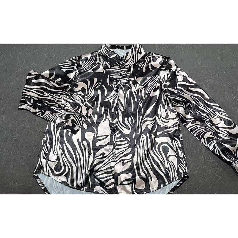 Women's Abstract Print Button Down Shirt, V-Neck Collared Blouse, Dressy Casual Long Sleeve Tops