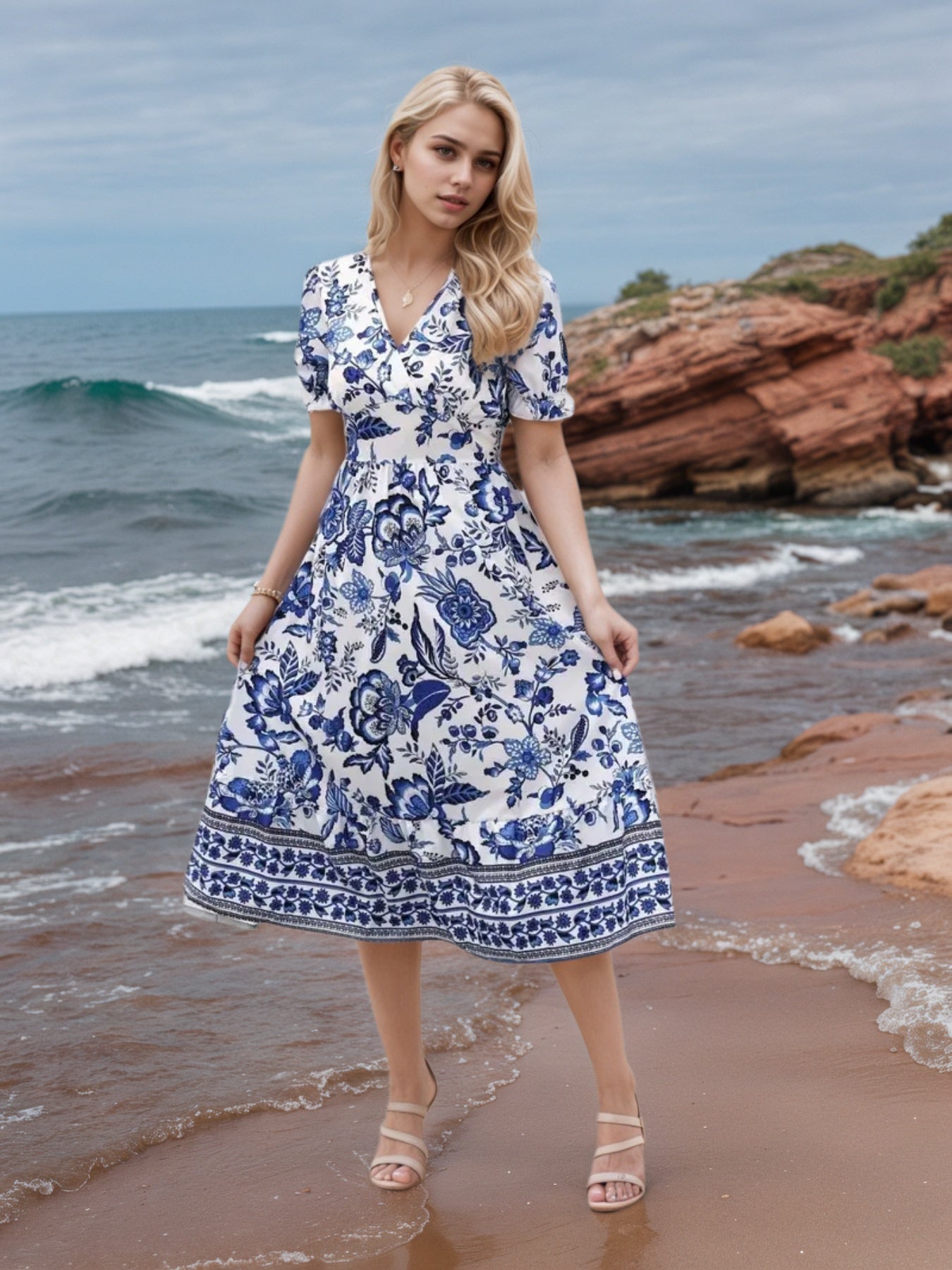 New Women’s Floral Print V-neck Dress, Floral Dress, Suitable For Vacation, Women’s Dress