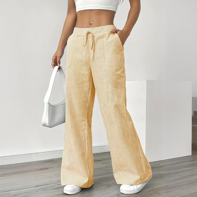 Women's Striped Print Straight Wide Leg Pants Drawstring Waist Slant Pockets Pants Casual Long Pants