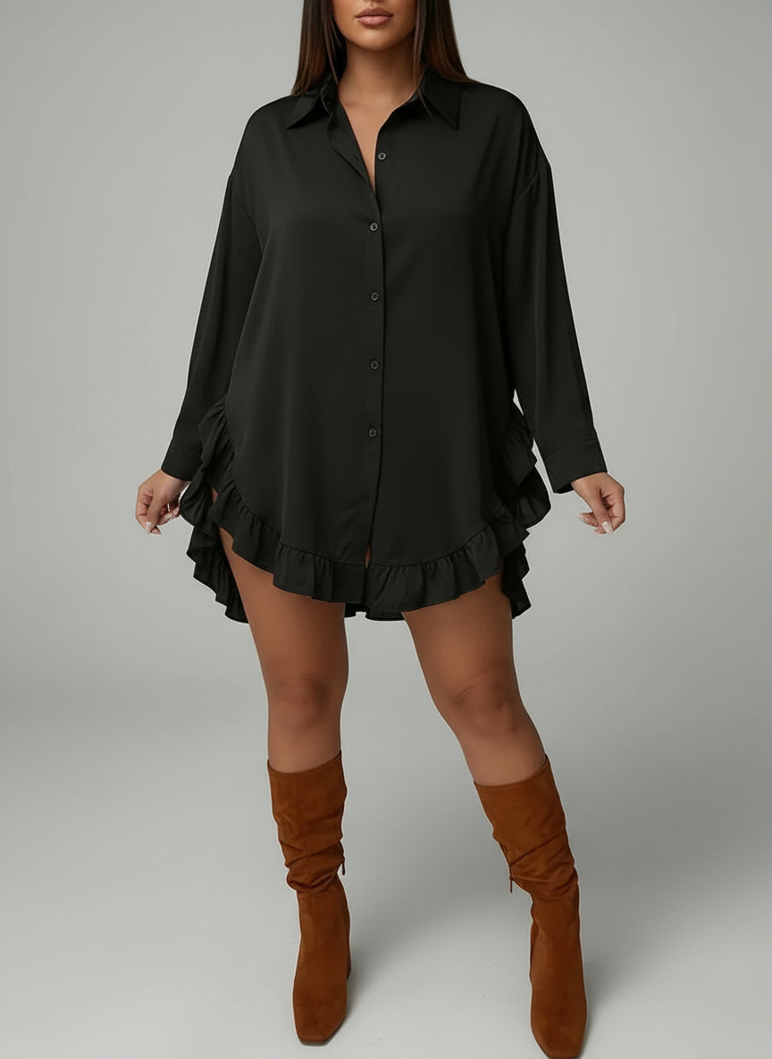 Women's Plus Size Casual Shirt With Ruffle Hem, Solid Color, Woven Polyester, Non-Stretch, Pointed Collar, Button Front, For All Seasons