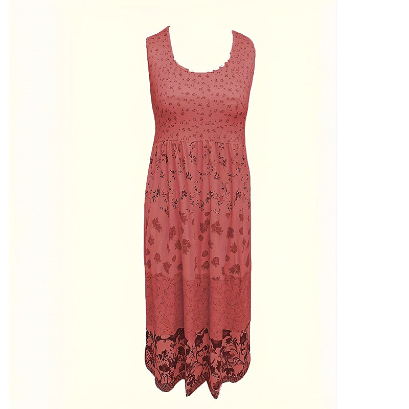 Women's Bohemian Floral Sleeveless Midi Dress Round Neck A-Line Summer Dress For Casual Or Dressy Occasions