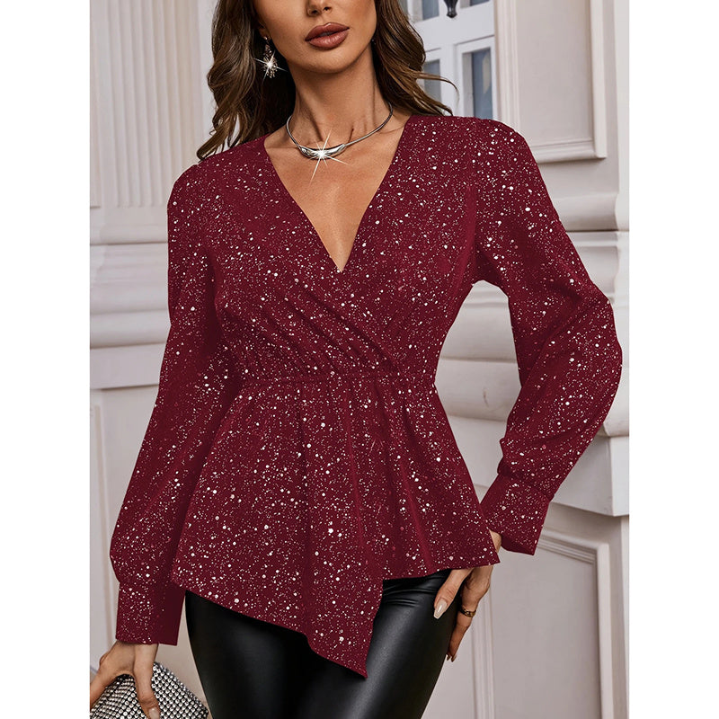 Womens Sparkly Tops Shiny Long Sleeve Ruched Asymmetrical Hem Sparkle Blouses Cocktail Party Evening Shirts