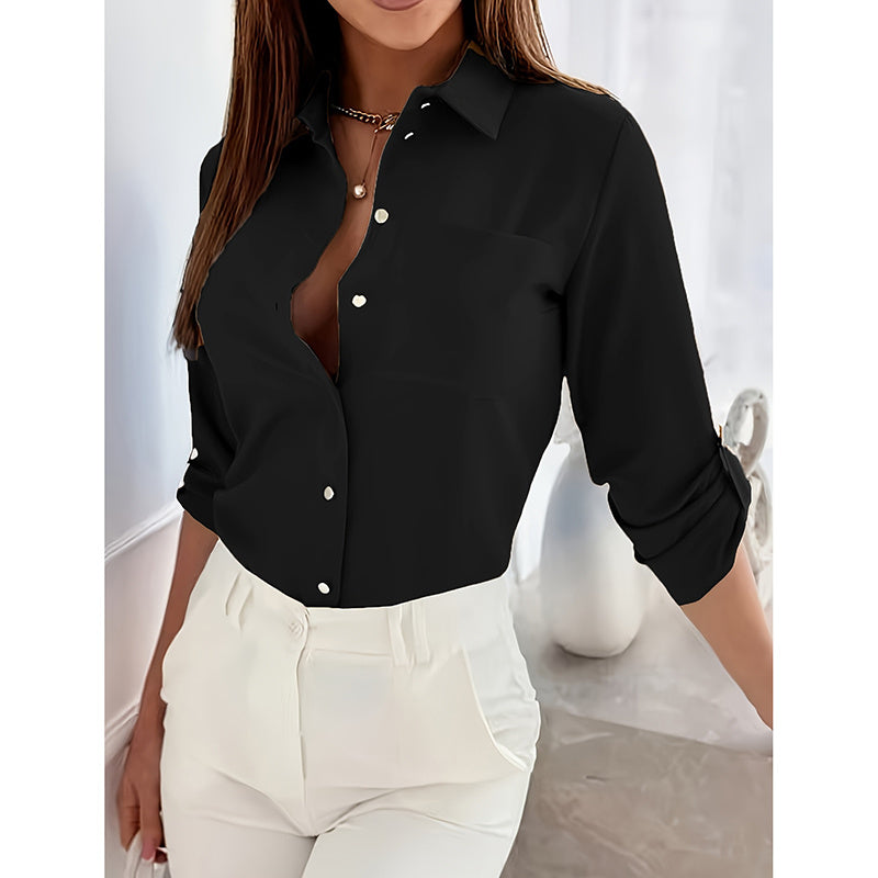 Womens Button Down Shirts V Neck Rolled Up Long Sleeve Tops Elegant Dressy Blouses Business Casual Outfits