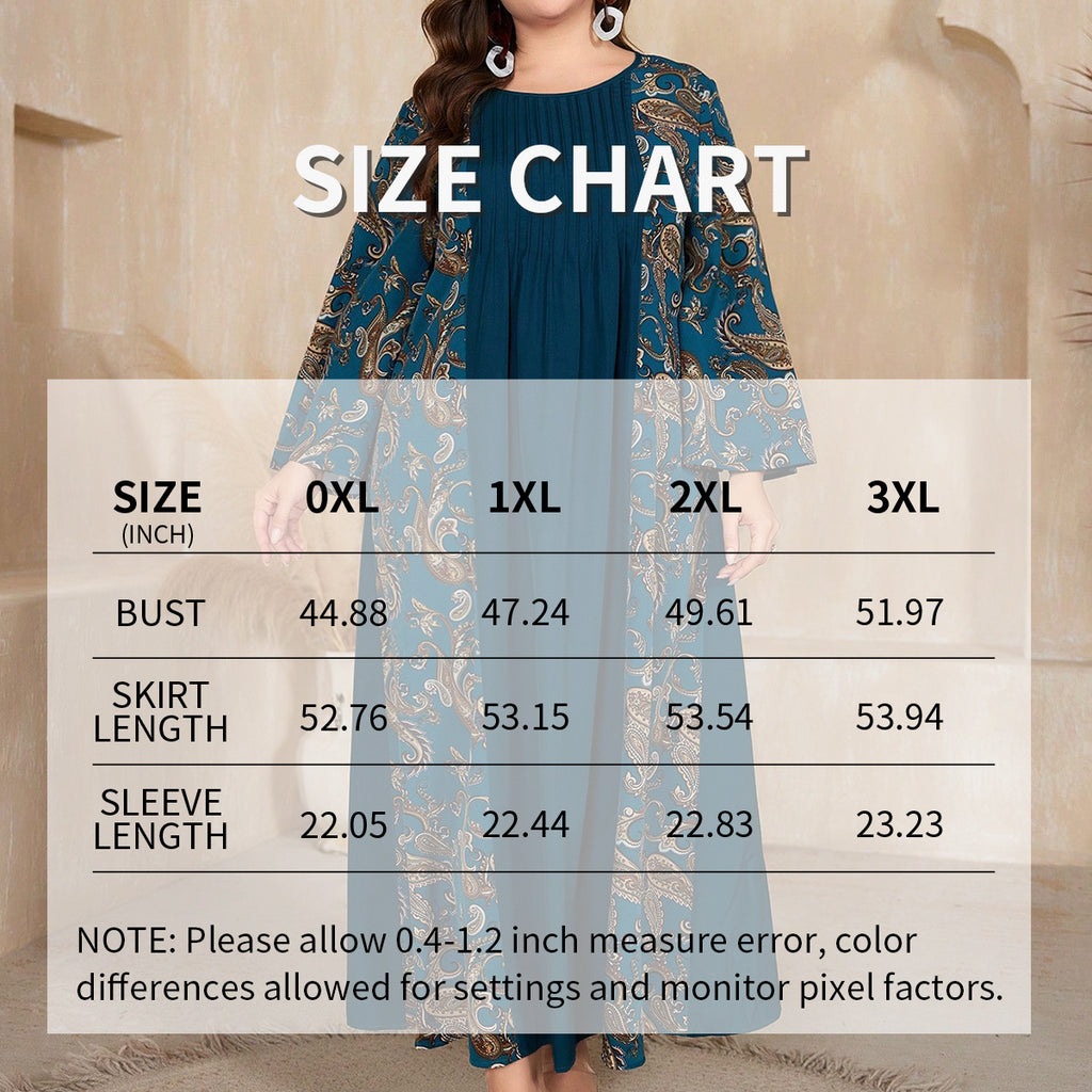 Women's Plus Size Bohemian Floral Printed Maxi Dress, Pleated Front Long Sleeve Crew Neck Loose Fit