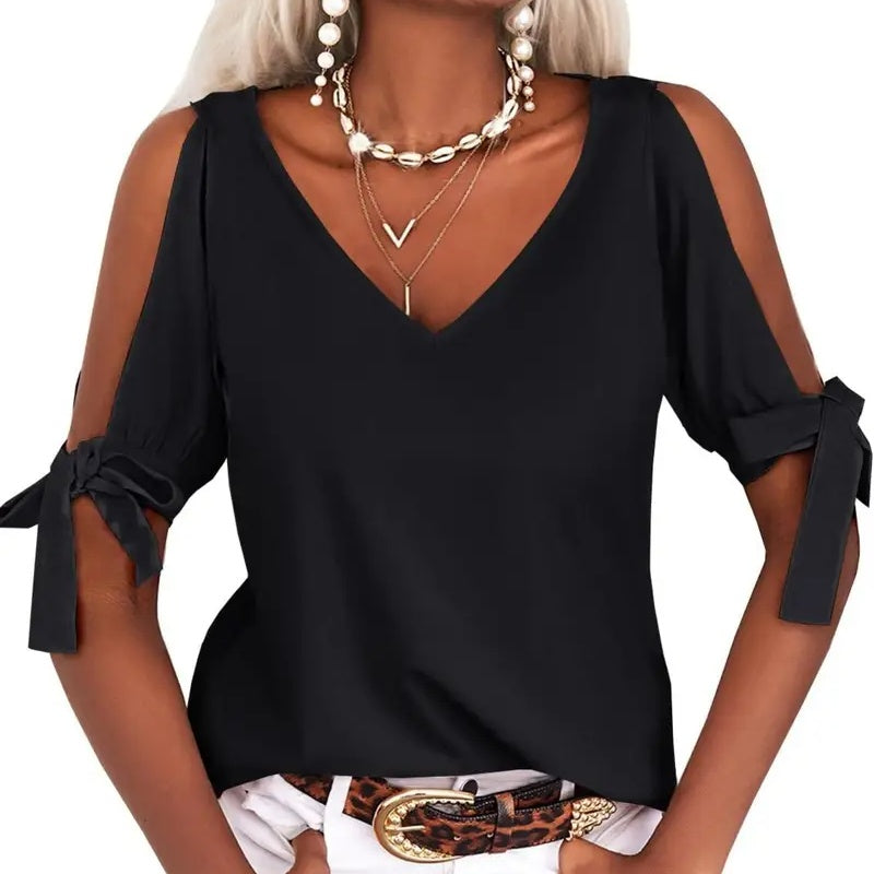 Womens Summer Cold Shoulder Tops Short Sleeve Tie Knot V Neck T Shirts Blouses